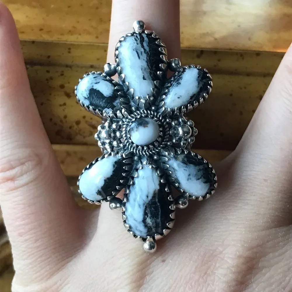 White Buffalo Turquoise Sterling Silver Statement Ring Size 7